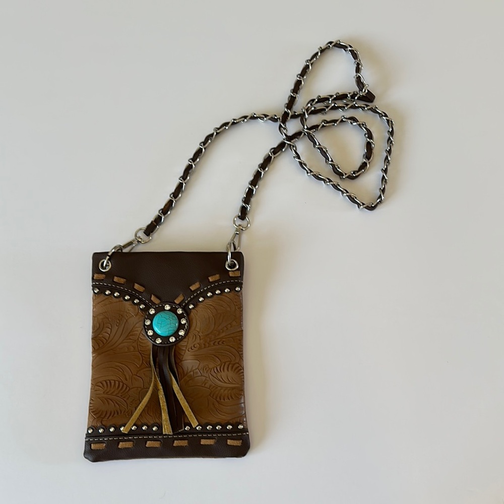 Western Brown Crossbody Bag with Turquoise Accent faux leather